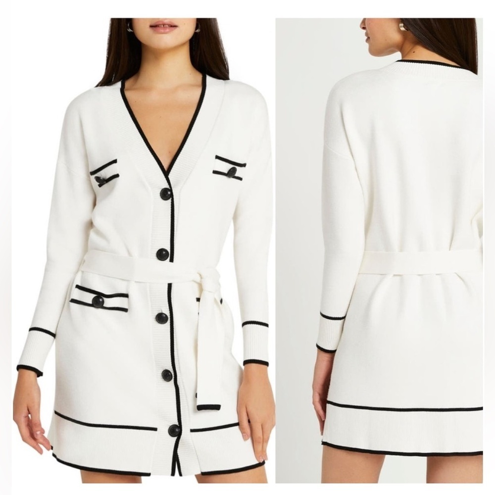 River island white long-sleeved V-neck sweater dress with black trim and belt